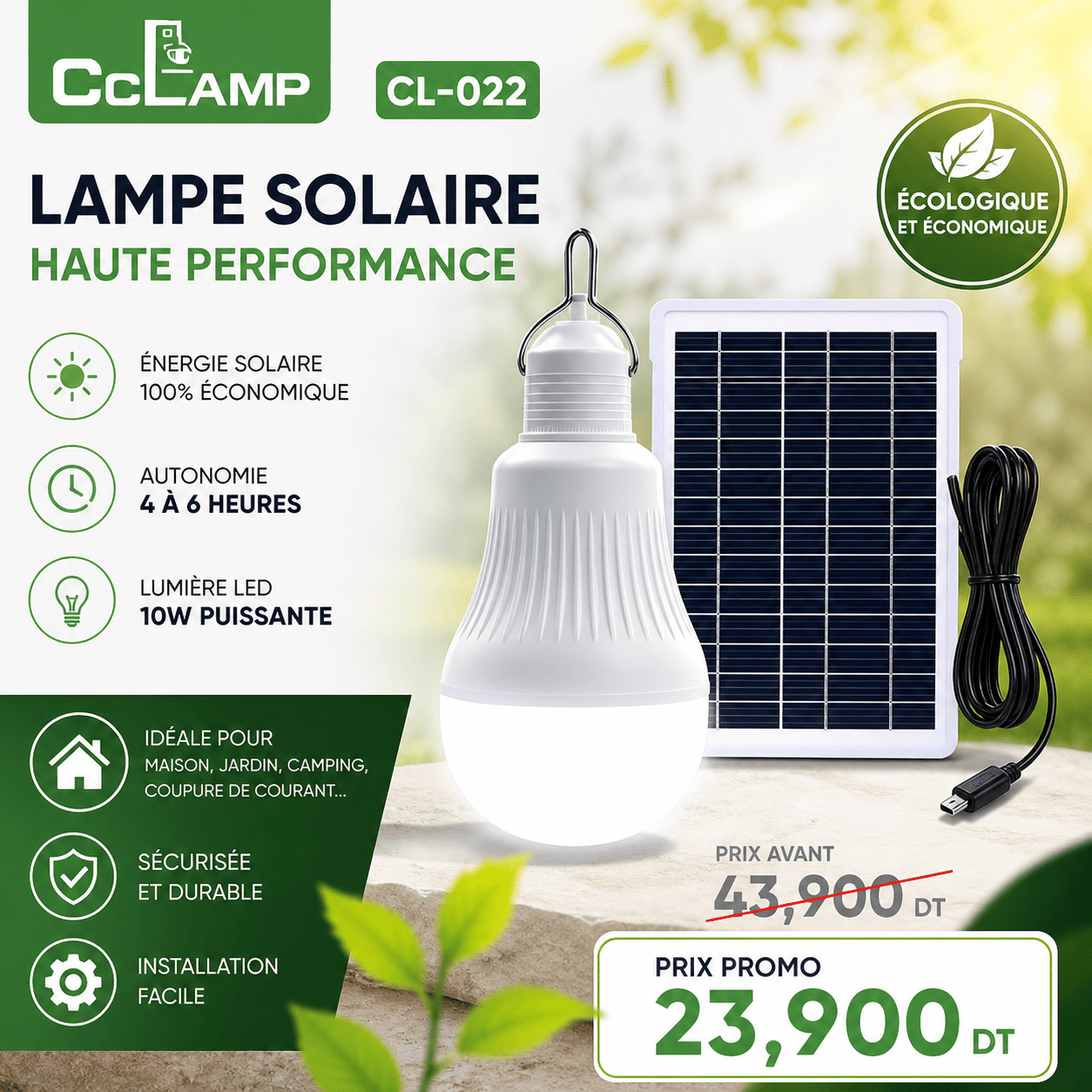 08eb0ed9-701f-4021-8eac-7e3cd607385e Lampe Solaire CClamp CL-022 – Éclairage LED Autonome avec Fixation Pince et Panneau Solaire Haute Efficacité – Image 1