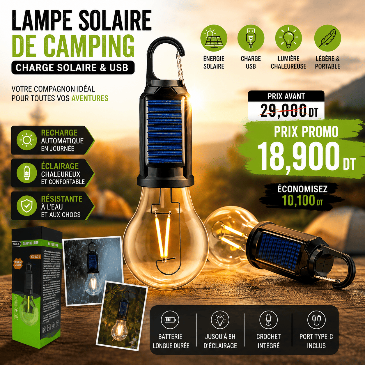 ABBBA671-D4CA-456B-951B-791185BB4E06 Lampe de Camping Solaire T01-B – Lumière Chaude & Recharge Solaire – Image 1