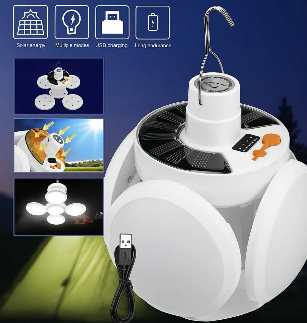 Lampe LED Rechargeable Solaire & USB – 5 Modes d’Éclairage Étanche – Image 4