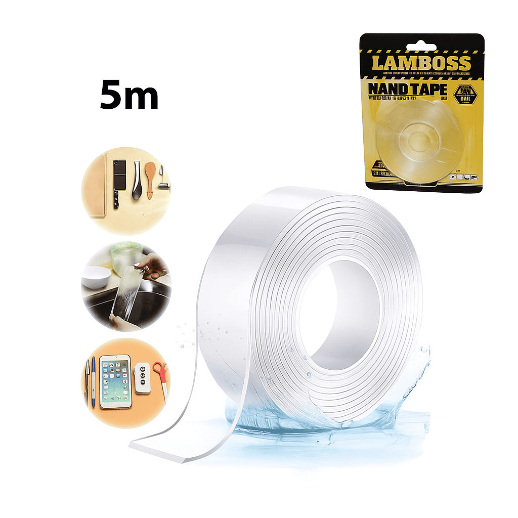 img_3642 Bande Adhésive Double Face Nano Lamboss 5M – Transparente, Réutilisable & Ultra Résistante – Image 1