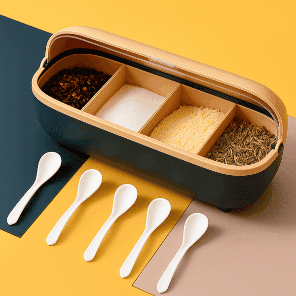 Boîte à Épices avec 4 Cuillères - Rangement Hermétique - Set d'Organisation Cuisine