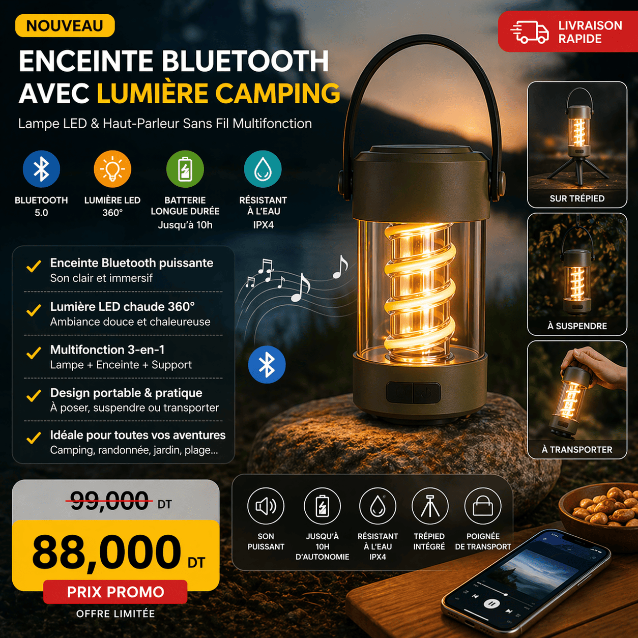 5406c70e-e765-4b1e-a4a6-449276e6b2d7 Enceinte Bluetooth avec Lumière Camping – Lampe LED & Haut-Parleur Sans Fil Multifonction – Image 1