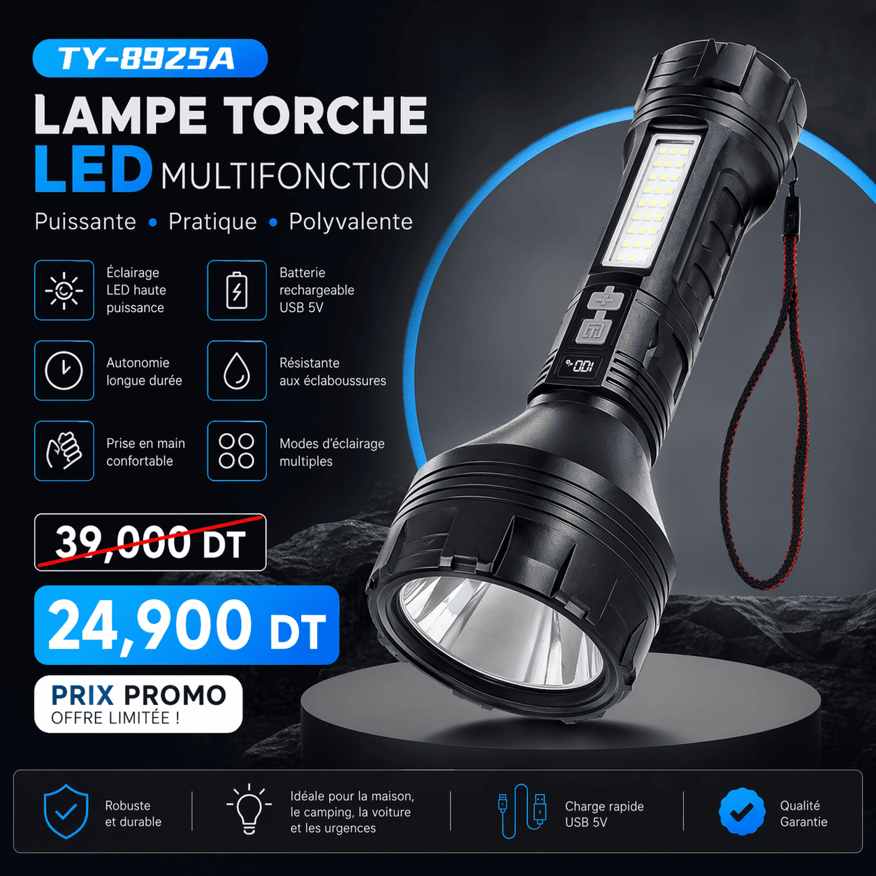 c7b99a02-dd73-4cb2-bcd3-f8f63e09ad67 Lampe Torche Rechargeable TY-8925A – Puissante & Portable pour Camping et Extérieur – Image 1