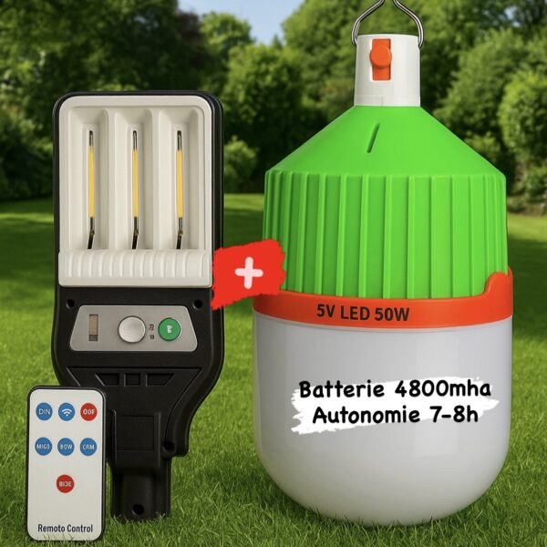 Pack 2 Lampes LED – Lampe Rechargeable UXI BL-588 + Lampadaire Solaire 526-2 avec Détecteur de Mouvement