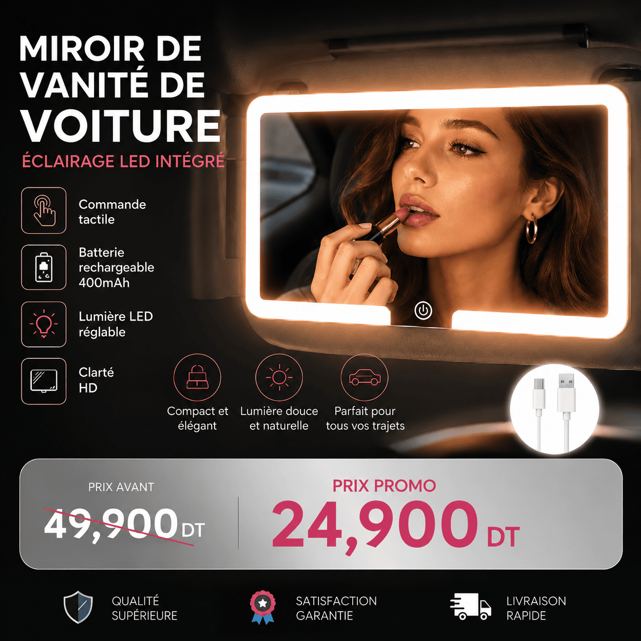 697b3d43-0c1a-479c-86ef-80c238b0db2e Miroir HD de Voiture avec LED – Fixation Pare-Soleil & 3 Niveaux d’Éclairage – Image 1