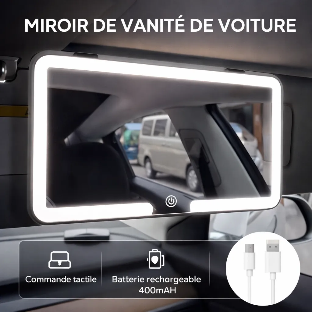 Miroir HD de Voiture avec LED – Fixation Pare-Soleil & 3 Niveaux d’Éclairage – Image 5