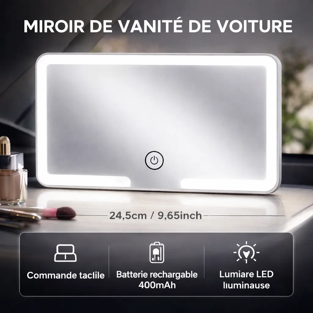 Miroir HD de Voiture avec LED – Fixation Pare-Soleil & 3 Niveaux d’Éclairage – Image 3