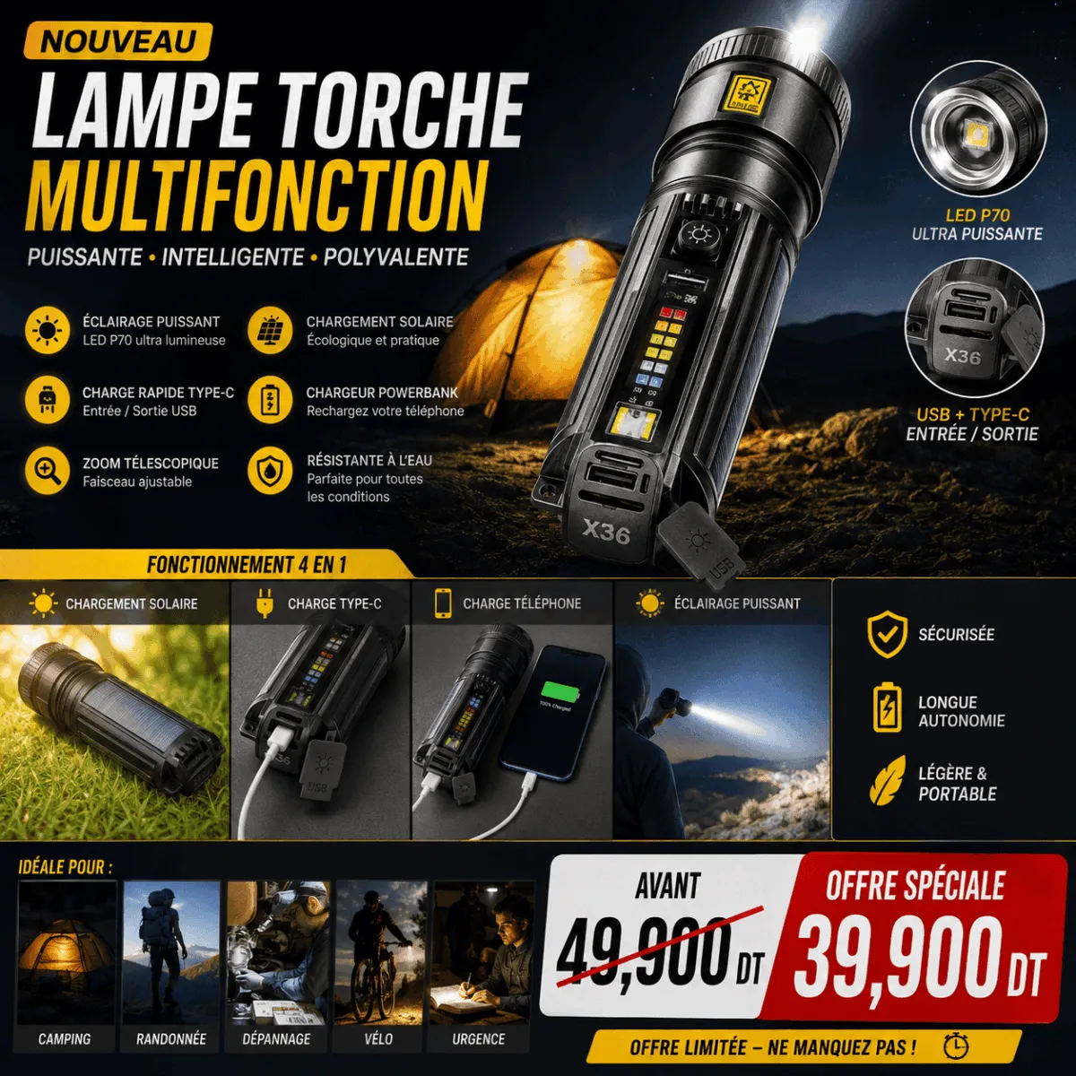 Lanterna Ultra LED Multifonctionnelle X36 – Zoom Longue Portée – Image 2