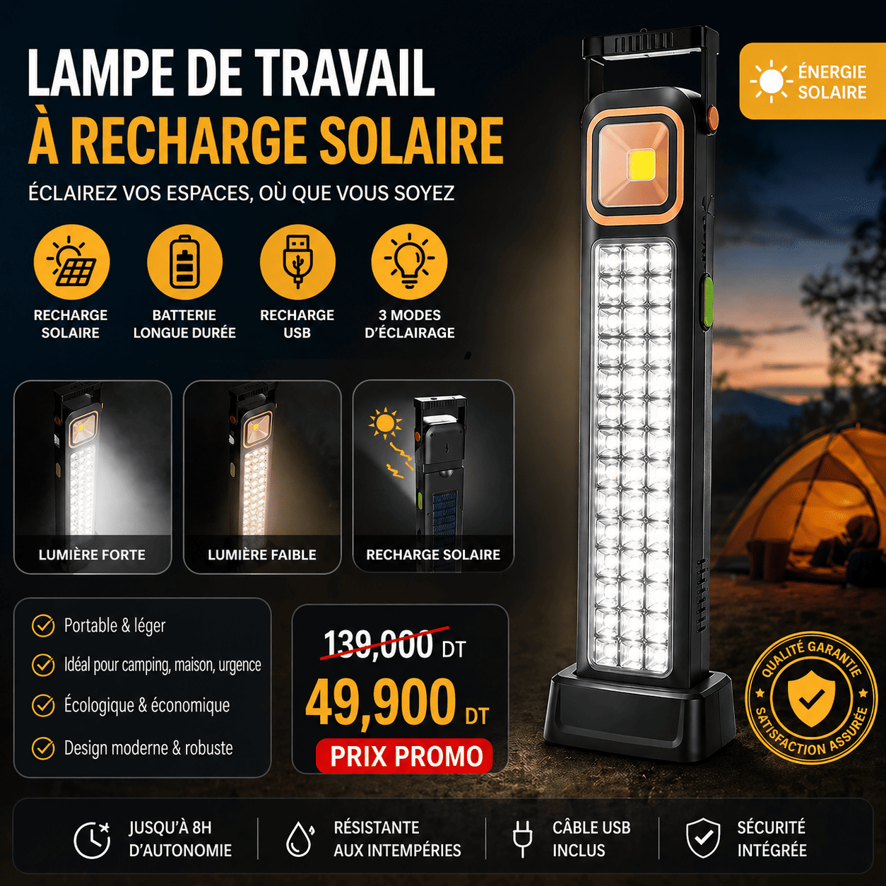 d1011fb1-611b-4891-b41a-040d489b5f30 Lampe d’Urgence Portable Rechargeable – 5 Modes, 48 LED + 20 COB, Énergie Solaire & Poignée Intégrée – Image 1