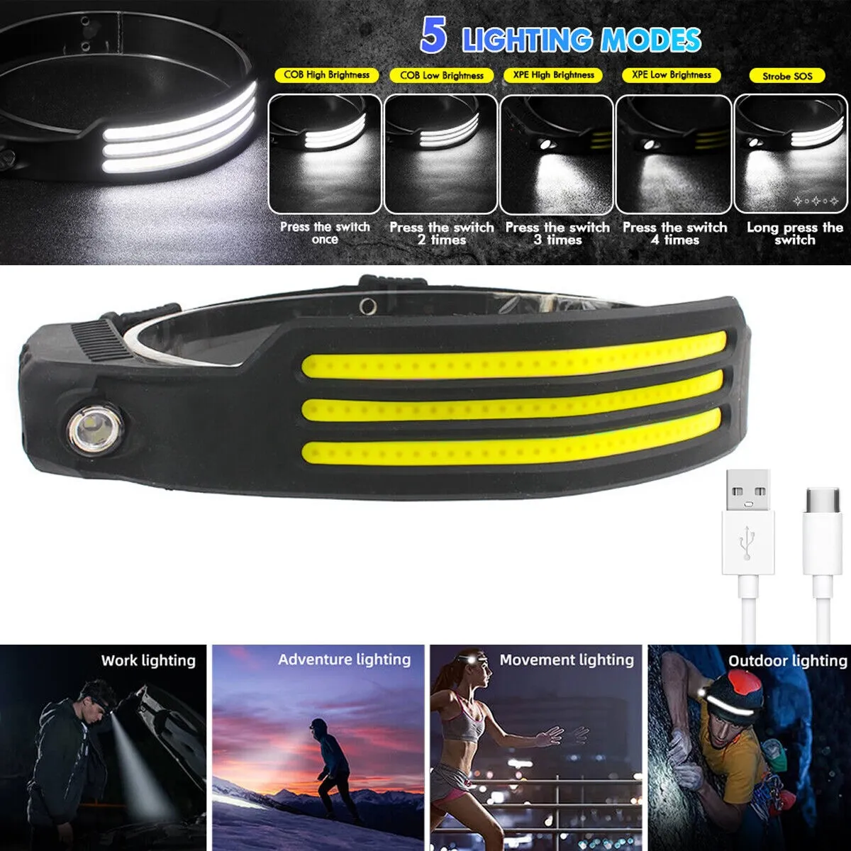 Lampe Frontale LED – 3 Modes d’Éclairage + Détecteur de Mouvement – Image 4