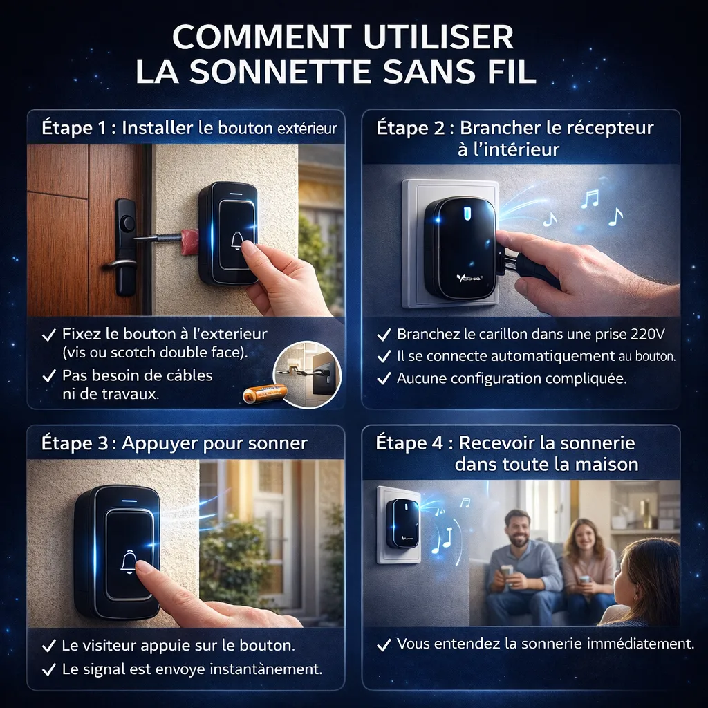 Sonnette Sans Fil Moderne – Installation Facile, Longue Portée & Plusieurs Mélodies – Image 4