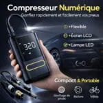 Mini Compresseur d’Air Portable Numérique – Gonfleur de Pneus Électrique avec Écran LCD et Lampe LED