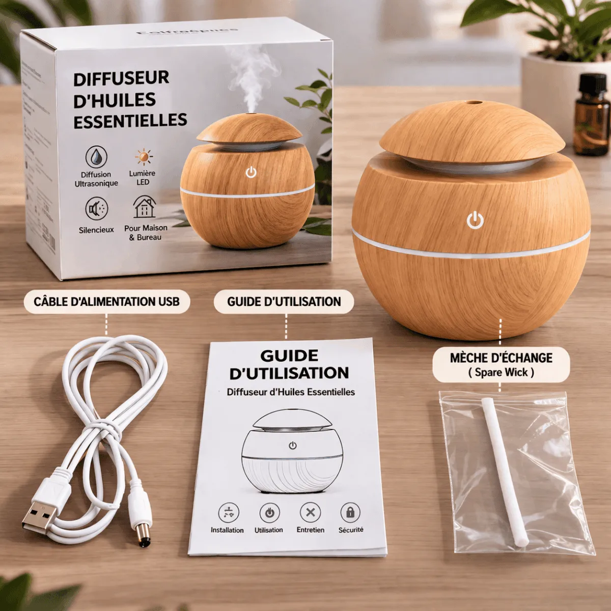 Diffuseur d’Huiles Essentielles Ultrasonique LED – Humidificateur d’Air Design Bois – Relaxation & Bien-être Maison – Image 3