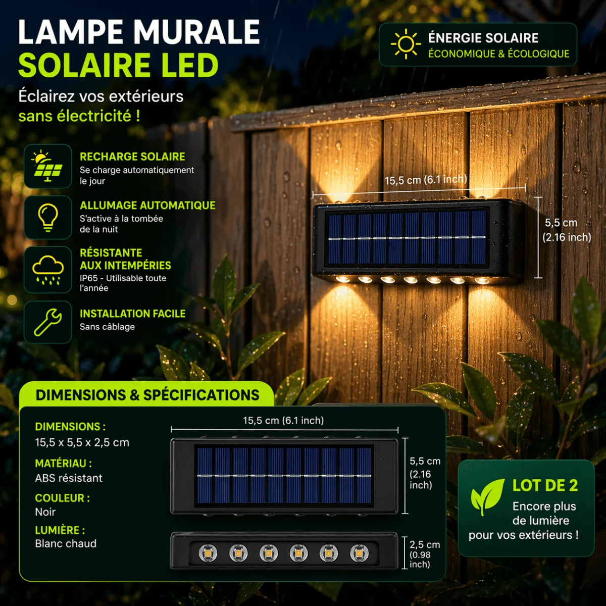 Lampe Murale Solaire Extérieur LED IP65 – Pack 2 Éclairage Jardin Automatique – Image 2