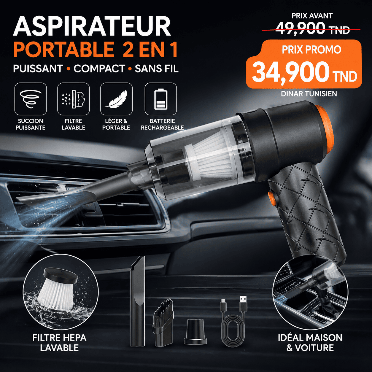 4fccf3da-6948-4b64-a5c6-64f8b5b8658f Aspirateur Portable Sans Fil Puissant 2 en 1 | Voiture & Maison Tunisie – Image 1