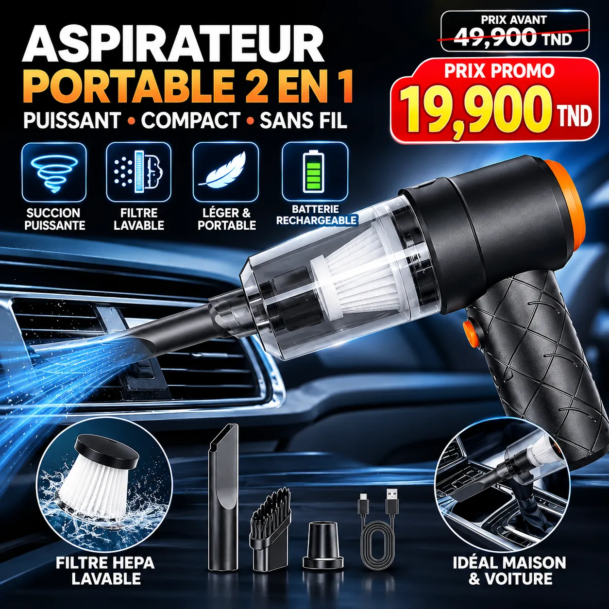 Aspirateur sans fil 2-en-1 pour voiture.png Aspirateur Portable Sans Fil Puissant 2 en 1 | Voiture & Maison Tunisie – Image 1