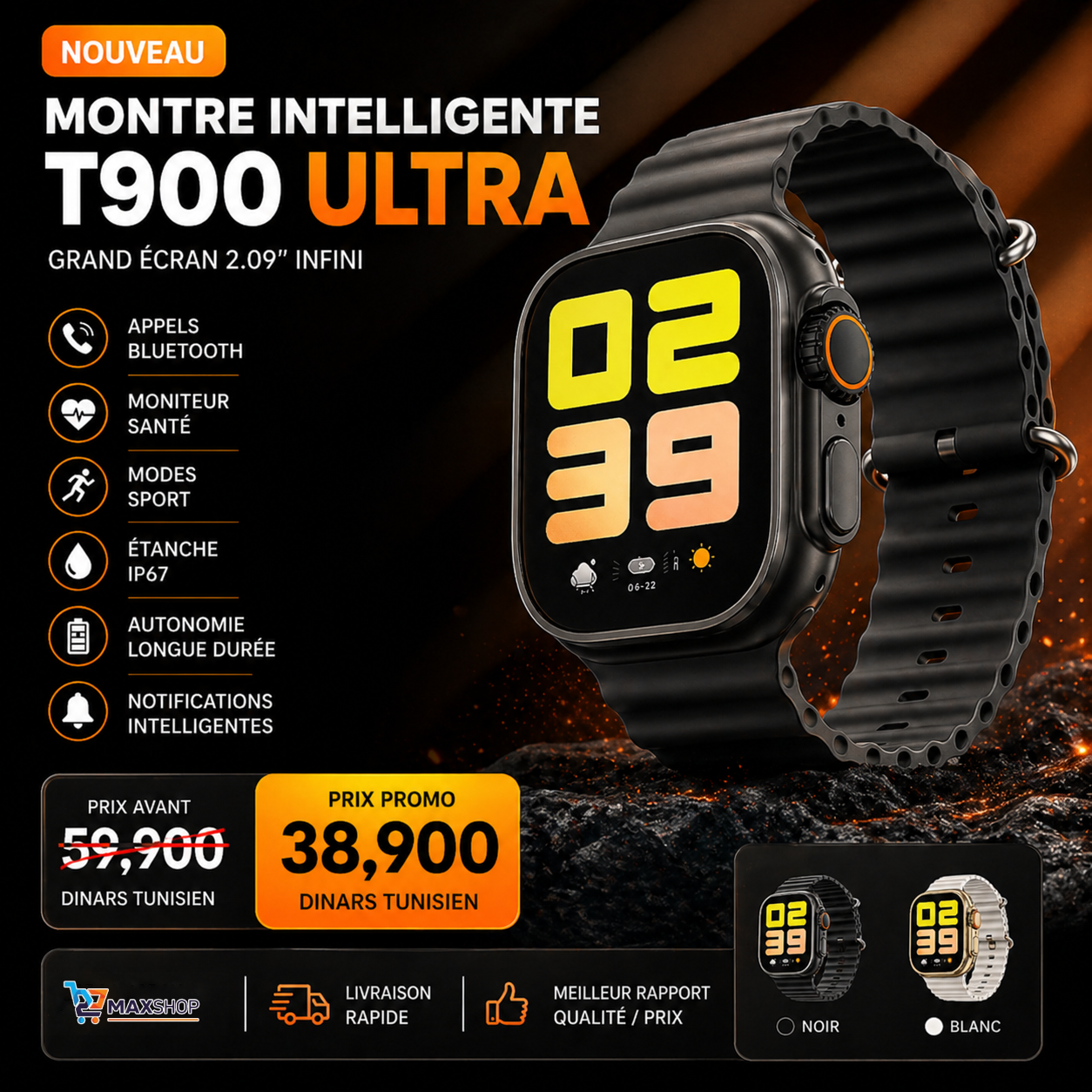 T900 P1 Montre Connectée T900 Ultra Écran 2.09” Smartwatch Sport Bluetooth Android iOS – Image 1