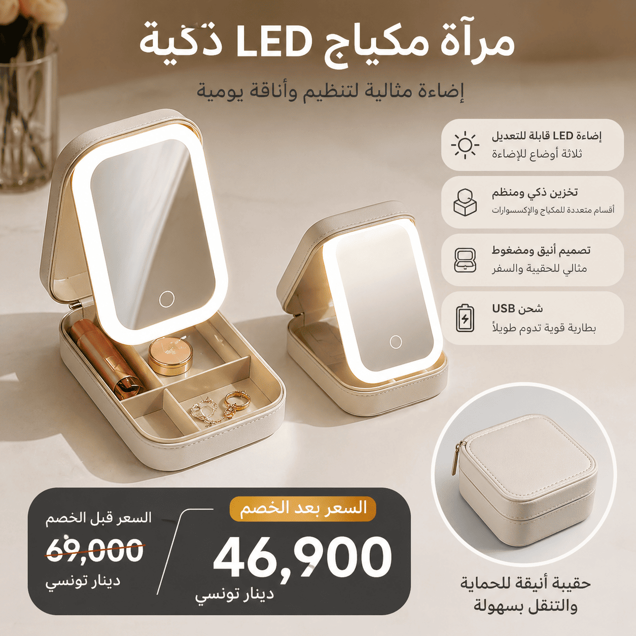 f3bf8ec0-c80e-40e7-b429-586d30863b33 Miroir maquillage LED portable avec rangement – Éclairage réglable – Image 1