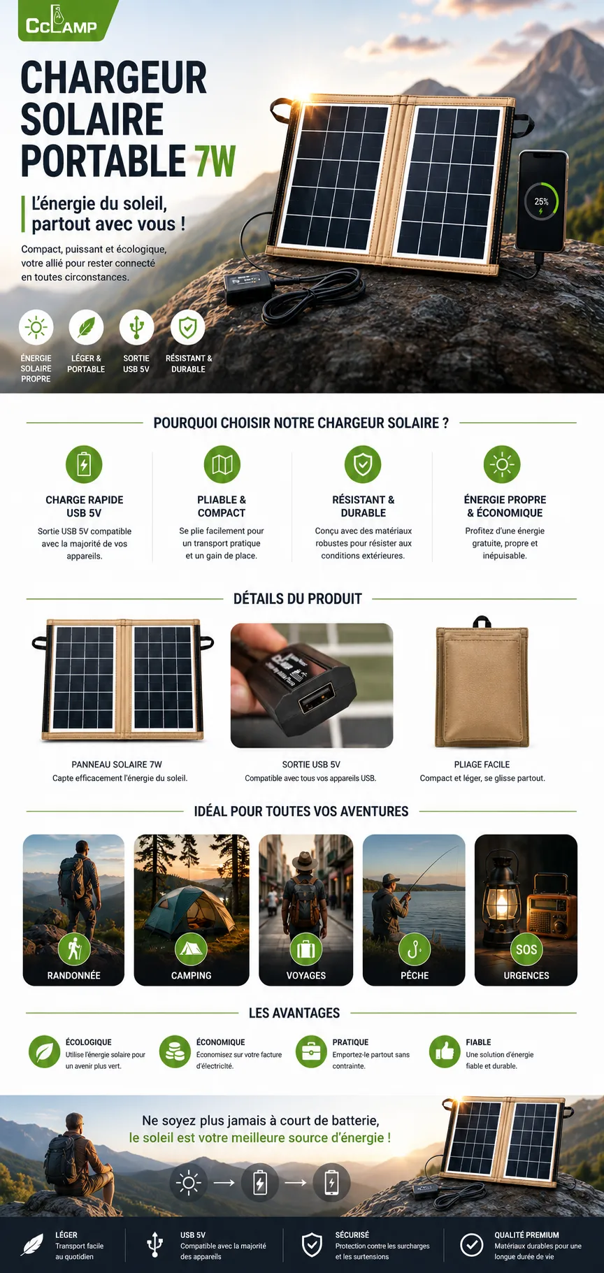 chargeur solaire portable 7w pliable usb