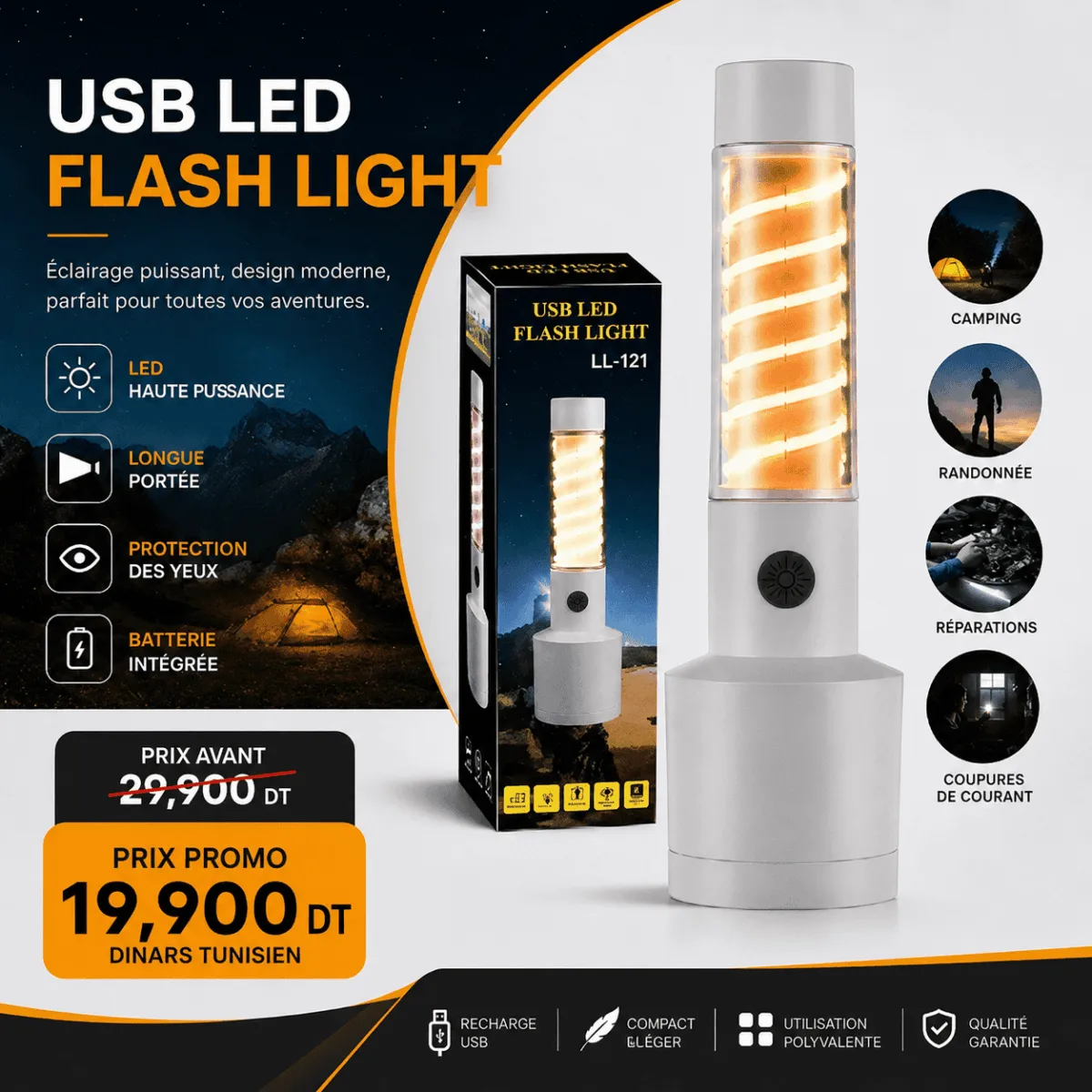 Lampe Torche LED USB Rechargeable Multifonction – Éclairage Puissant Camping & Urgence – Image 3