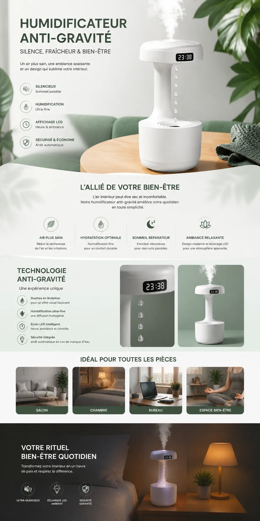 humidificateur anti gravité led silencieux design moderne