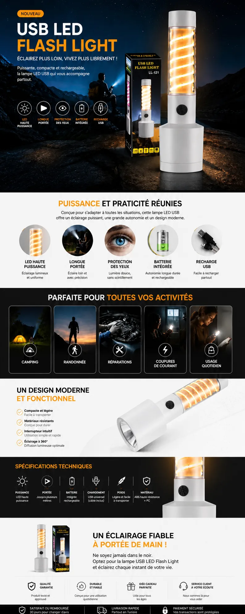 Lampe torche LED USB rechargeable blanche avec éclairage puissant