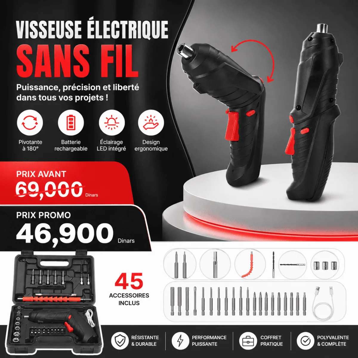 Visseuse Électrique Sans Fil 45 Accessoires Rechargeable USB – Image 2
