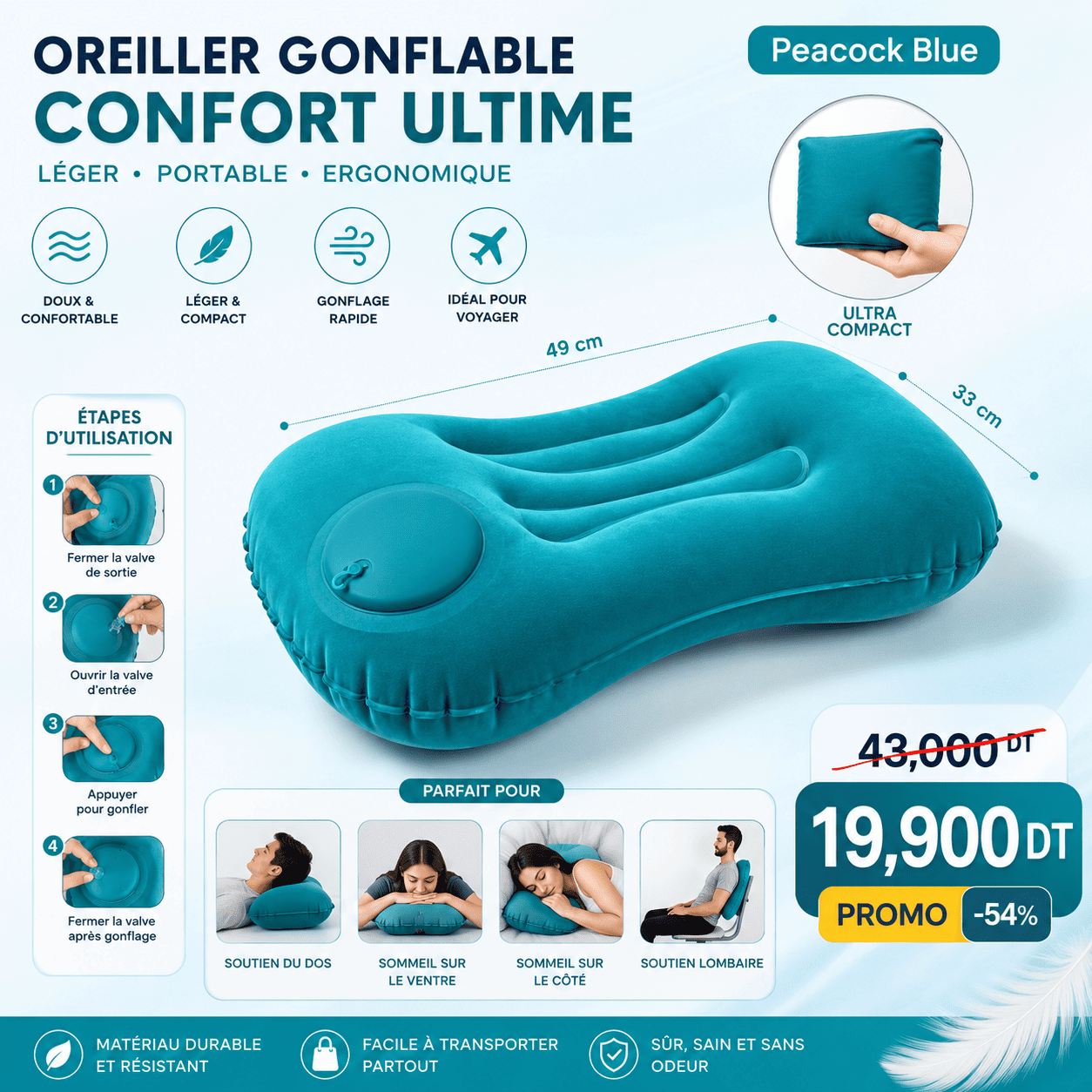 350dc884-a495-435b-99fd-486d84715786 Oreiller Gonflable de Voyage Ergonomique – Coussin Cervical Portable pour Avion, Voiture et Camping – Image 1