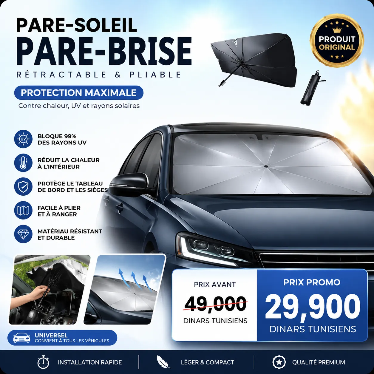 ChatGPT Image 11 juin 2026, 14_50_48.png Pare-Soleil Pare-Brise Voiture Pliable | Protection UV Anti-Chaleur – Image 1
