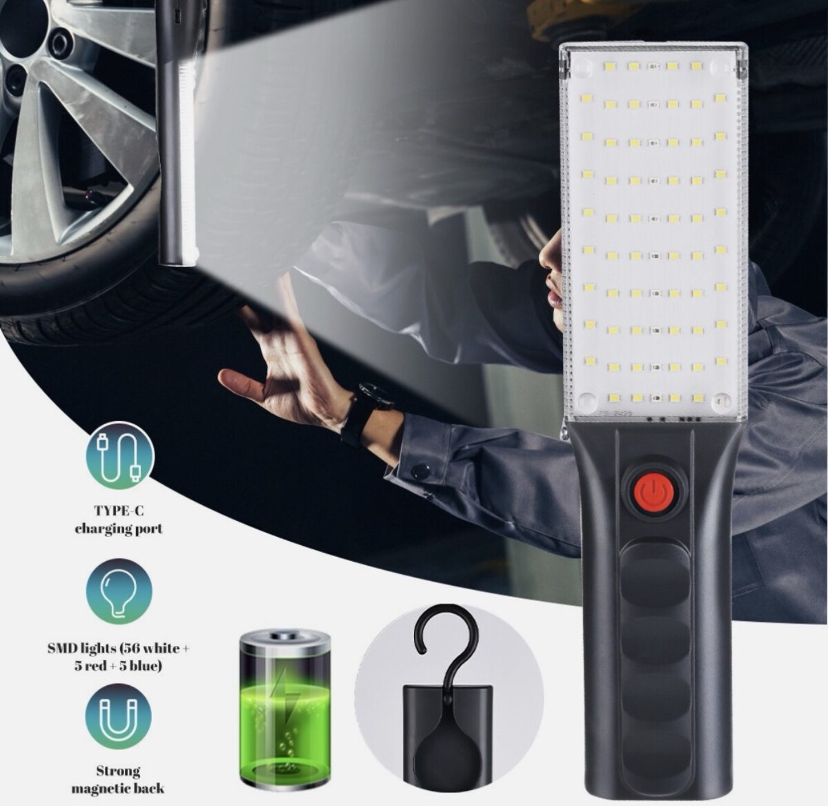 Lampe LED de Travail Rechargeable USB-C Magnétique avec Crochet Rotatif 360° | Éclairage Portable Haute Puissance – Image 3
