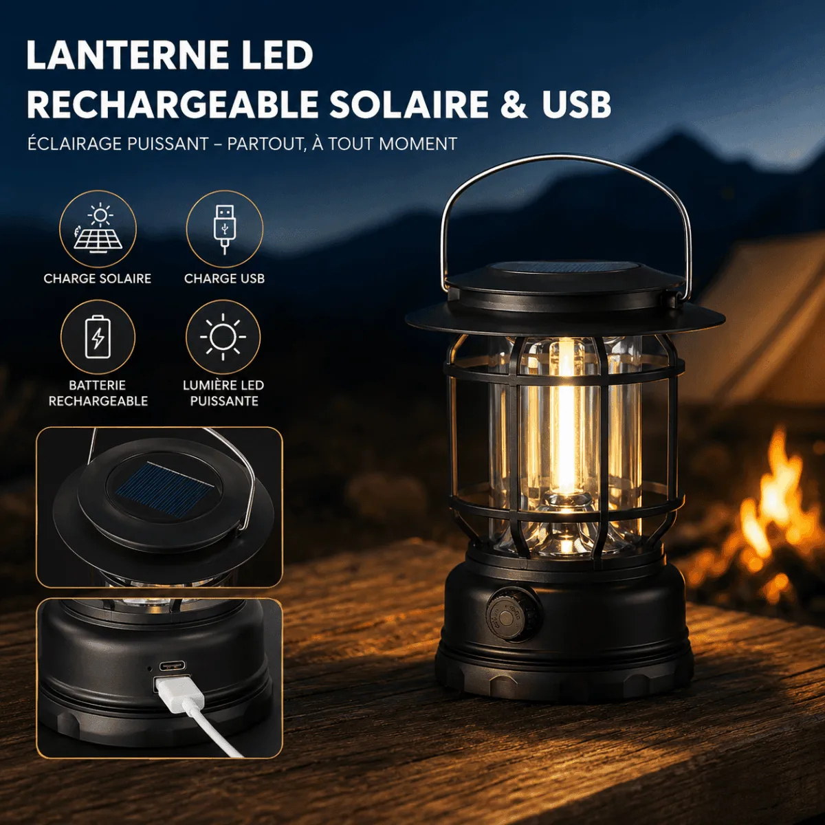 Lanterne de Camping Solaire Rechargeable USB | Power Bank LED Multifonction – Image 4