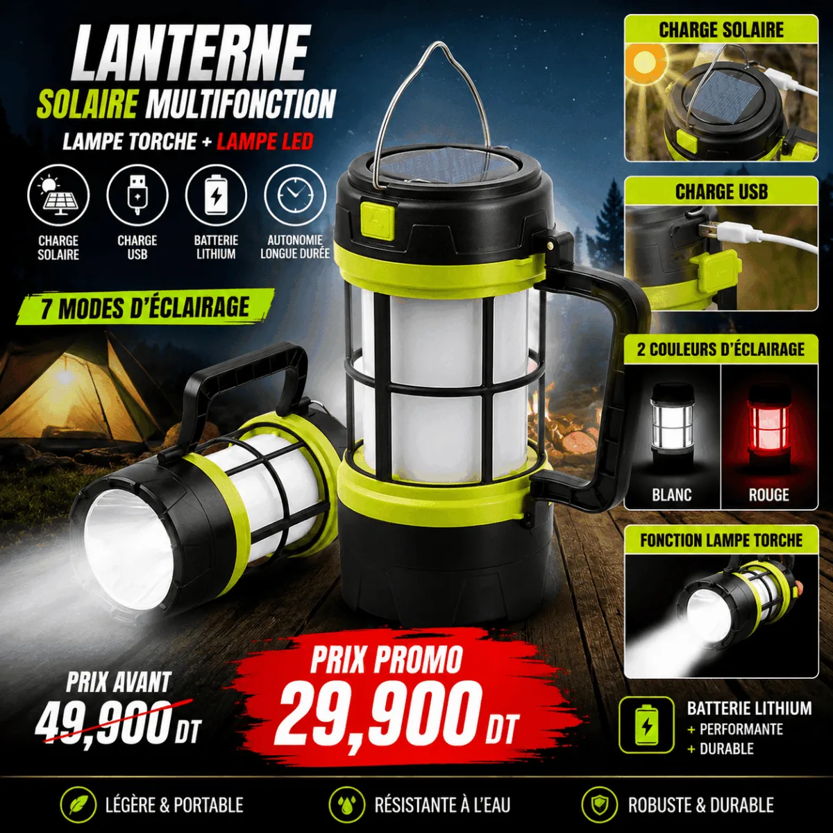 Lanterne Solaire Rechargeable 3-en-1 | Lampe LED, Torche & Power Bank USB – Image 2