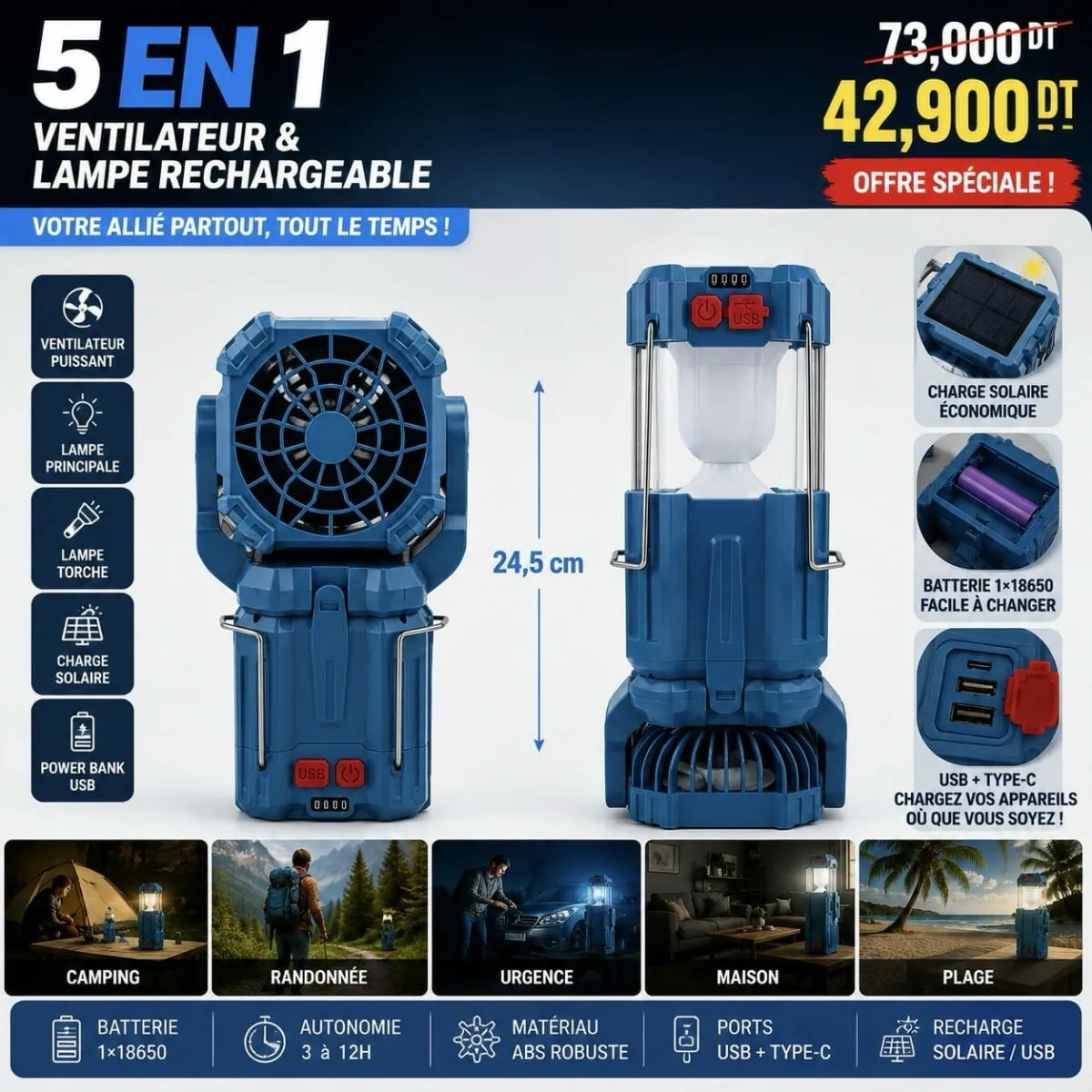 Lampe Rechargeable Solaire 5 en 1 avec Ventilateur USB , Power Bank et Lampe Torche – Image 2