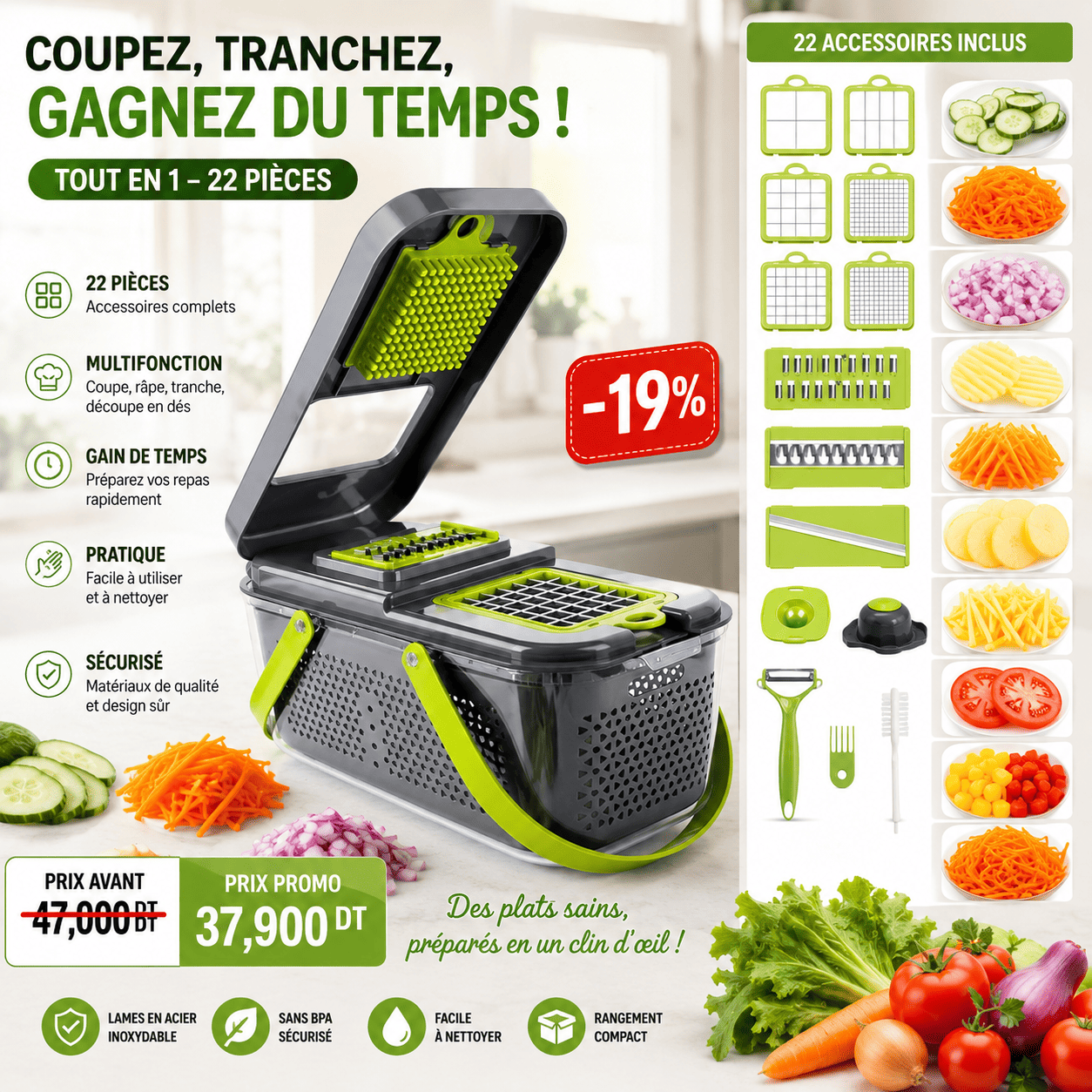706D1429-6920-4472-B287-64A84EEBD0DD Coupe-Légumes Multifonction 22 Pièces avec Bac | Trancheuse Professionnelle – Image 1