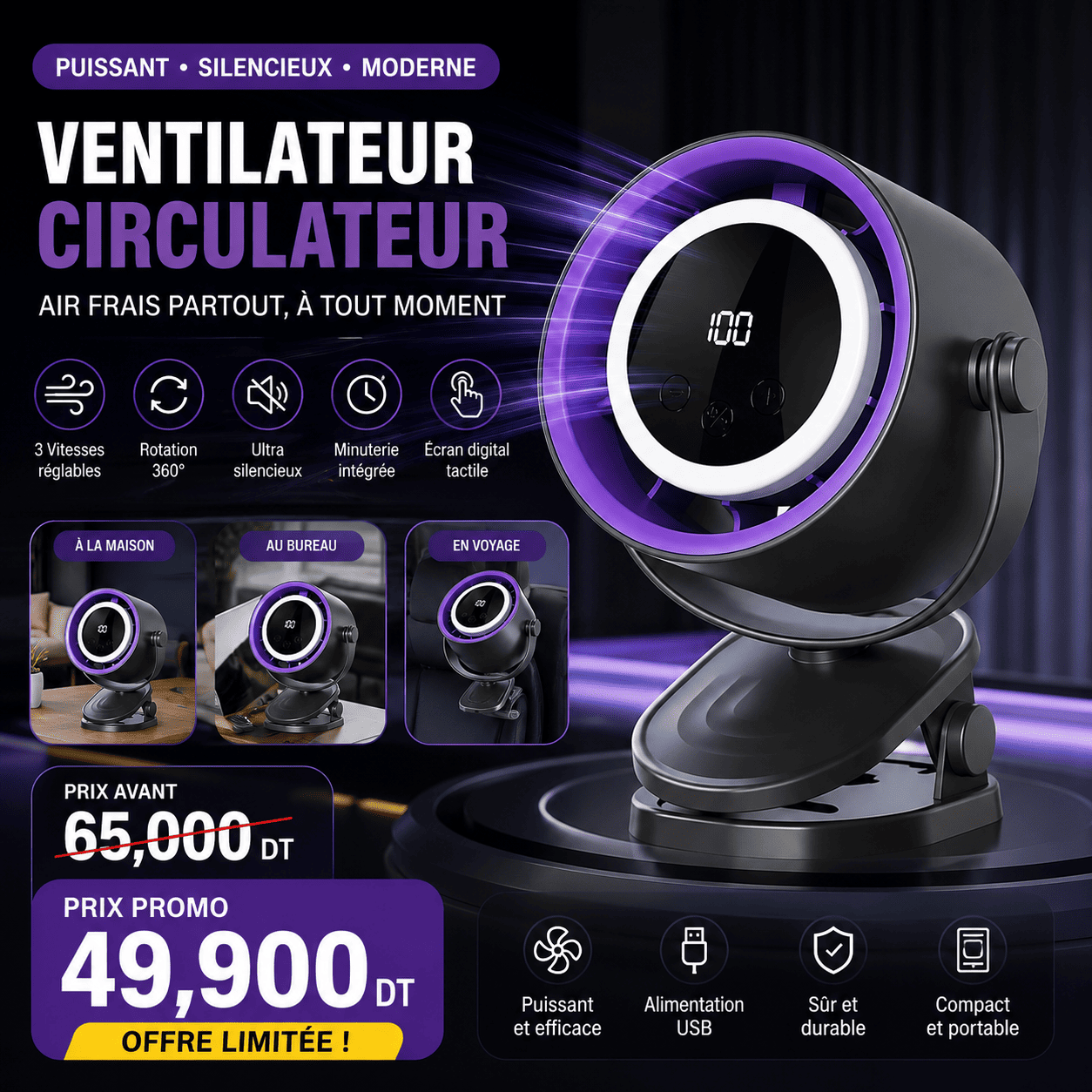 94C01651-F0F3-43B1-8FC2-A24901C71075 Ventilateur Circulateur Rechargeable USB 360° avec Pince | Puissant et Silencieux – Image 1