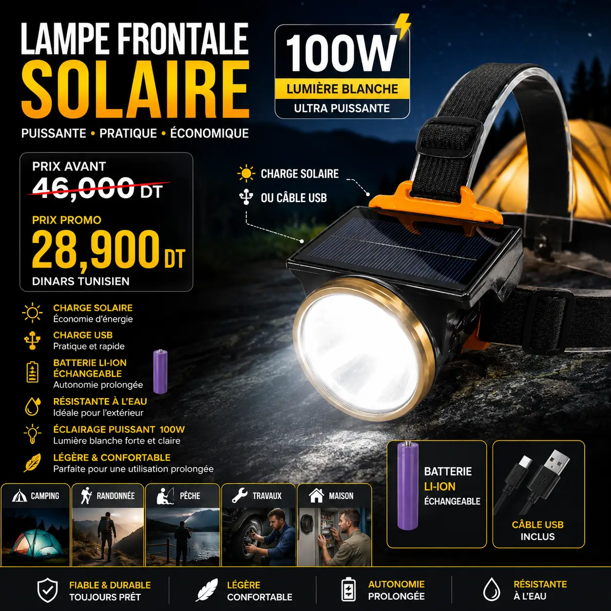 ChatGPT Image 22 juil. 2026, 14_24_56.png Lampe Frontale Solaire LED 100W Rechargeable USB | Batterie Li-ion Remplaçable – Image 1
