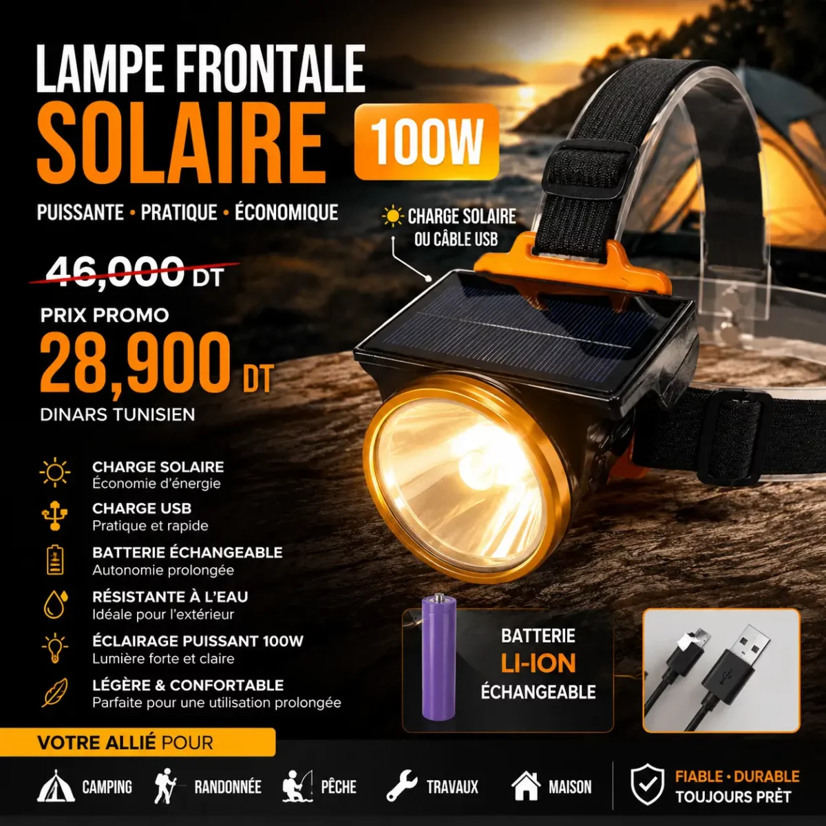 Lampe Frontale Solaire LED 100W Rechargeable USB | Batterie Li-ion Remplaçable – Image 2