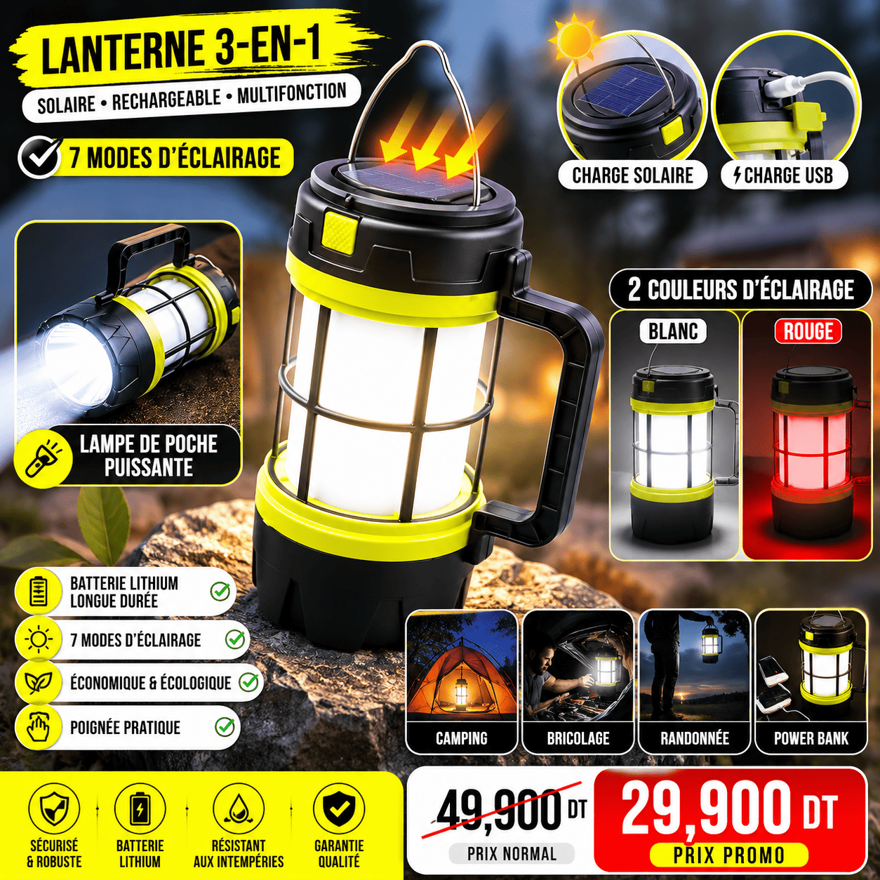 F2366901-7ED3-48F7-BFED-C9D798B95CC4 Lanterne Solaire Rechargeable 3-en-1 | Lampe LED, Torche & Power Bank USB – Image 1