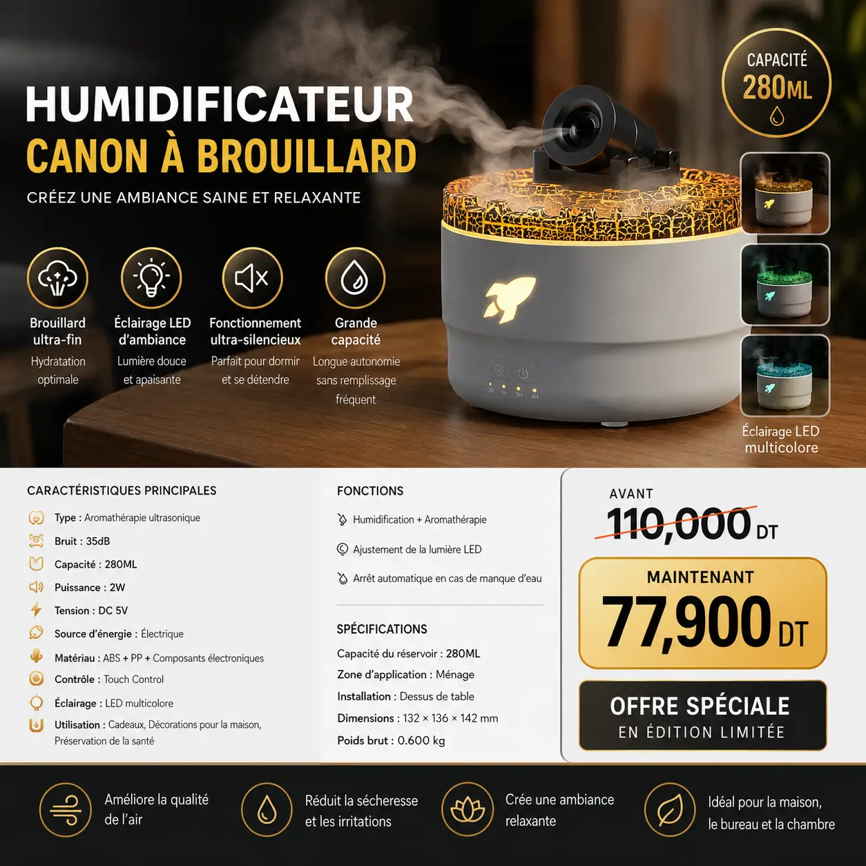 d6fa3ba1-f600-4f18-963e-fa5d8b50b28d.png Humidificateur Canon à Brouillard LED 280 ml | Diffuseur d'Arômes USB – Image 1
