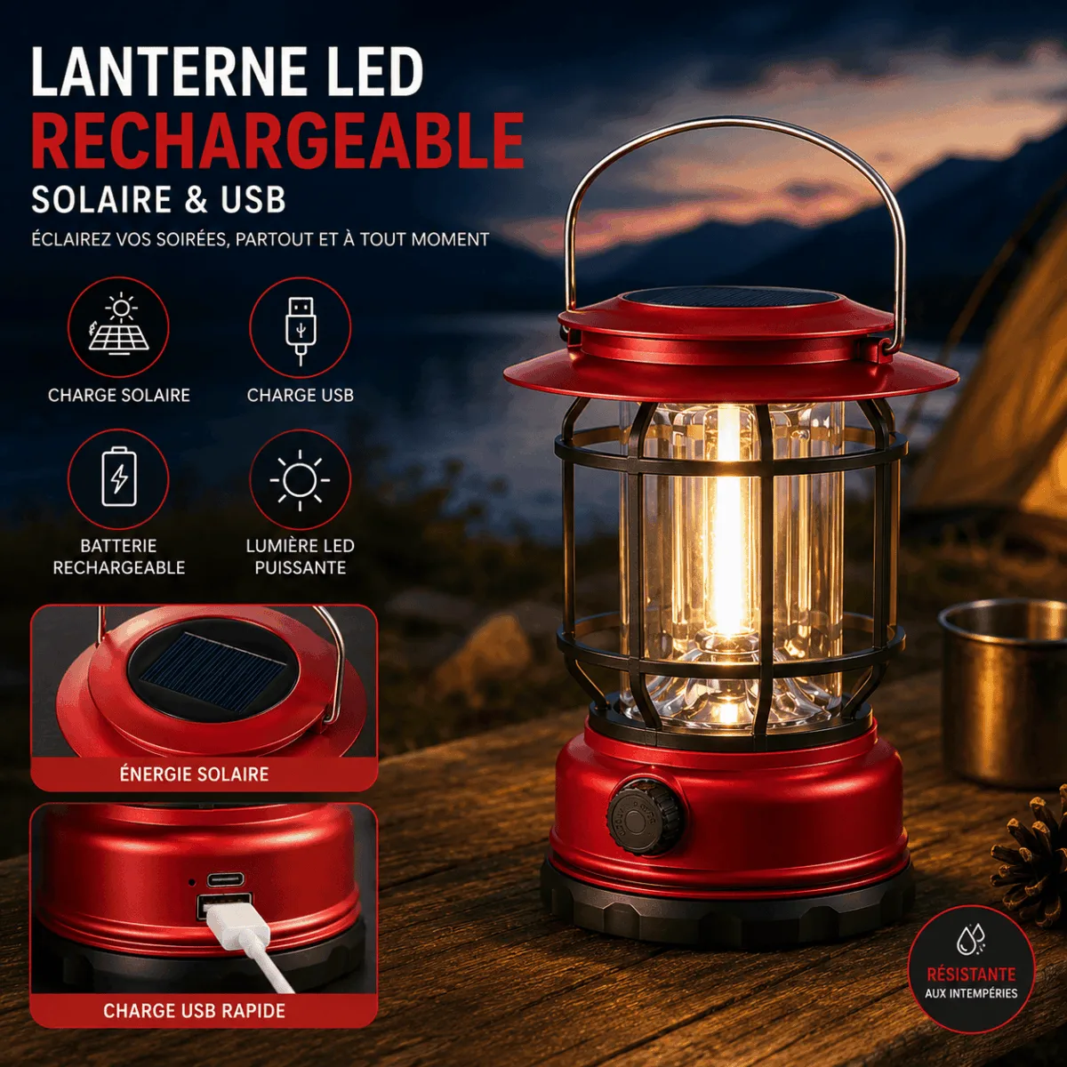 Lanterne de Camping Solaire Rechargeable USB | Power Bank LED Multifonction – Image 2