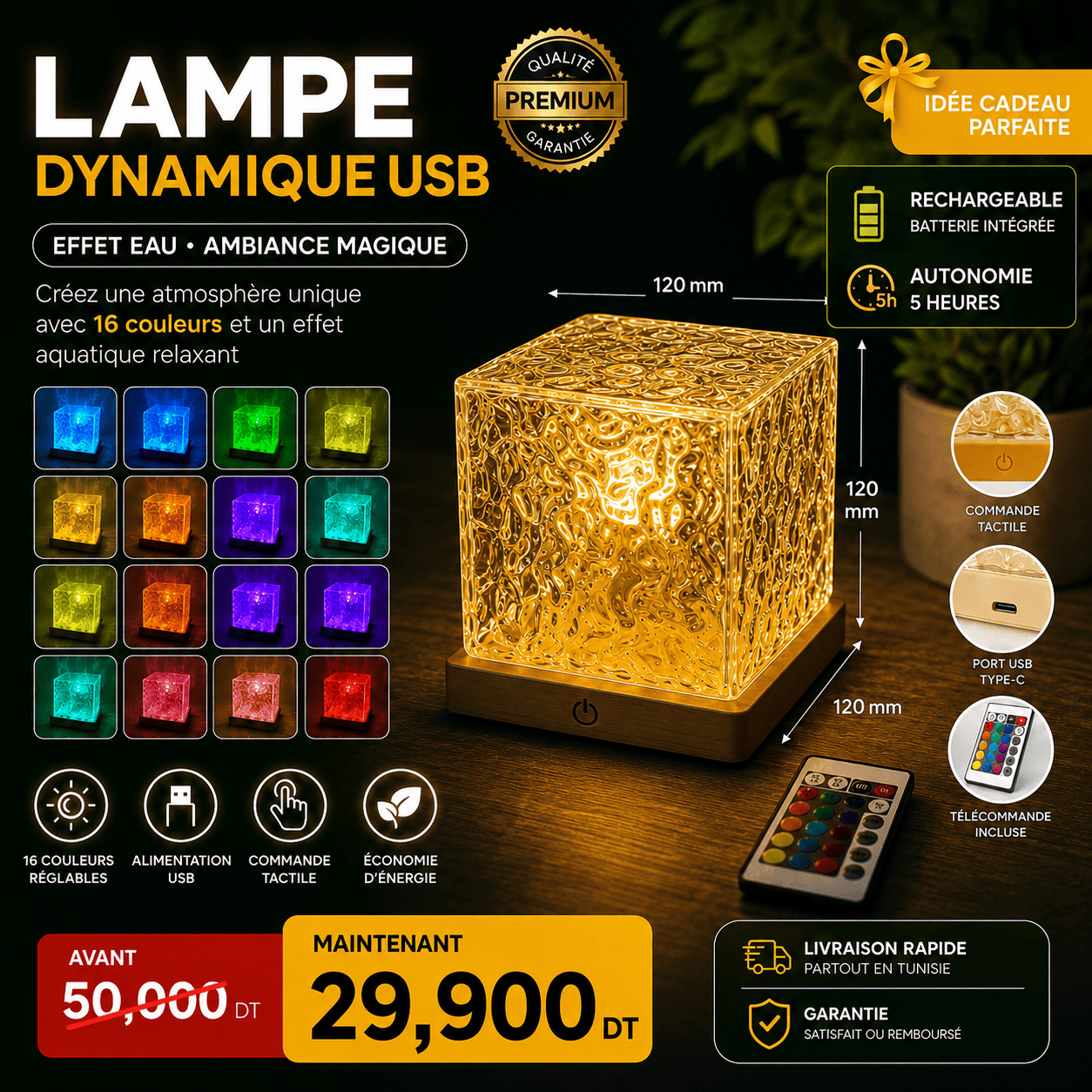 18559cd2-3bc7-44d0-955f-0e318cc8b2f7 Lampe Effet Eau Dynamique LED USB avec Télécommande – 16 Couleurs RGB | Veilleuse Décorative Moderne – Image 1