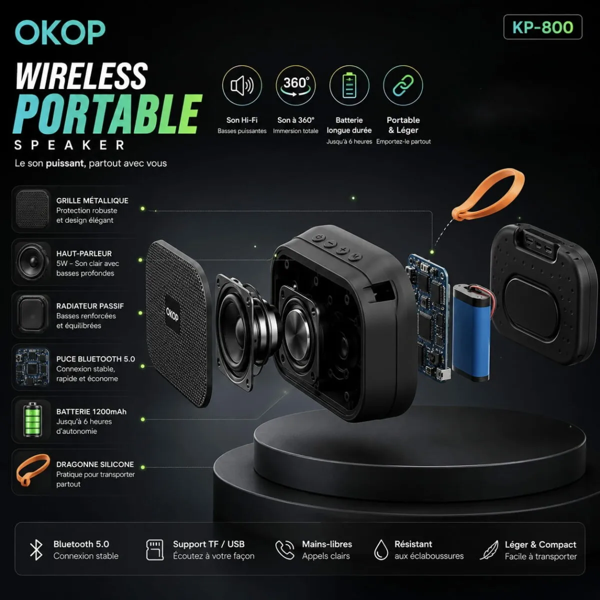 Enceinte Bluetooth Portable OKOP KP-800 – Son 360° & Basses Puissantes – Image 3