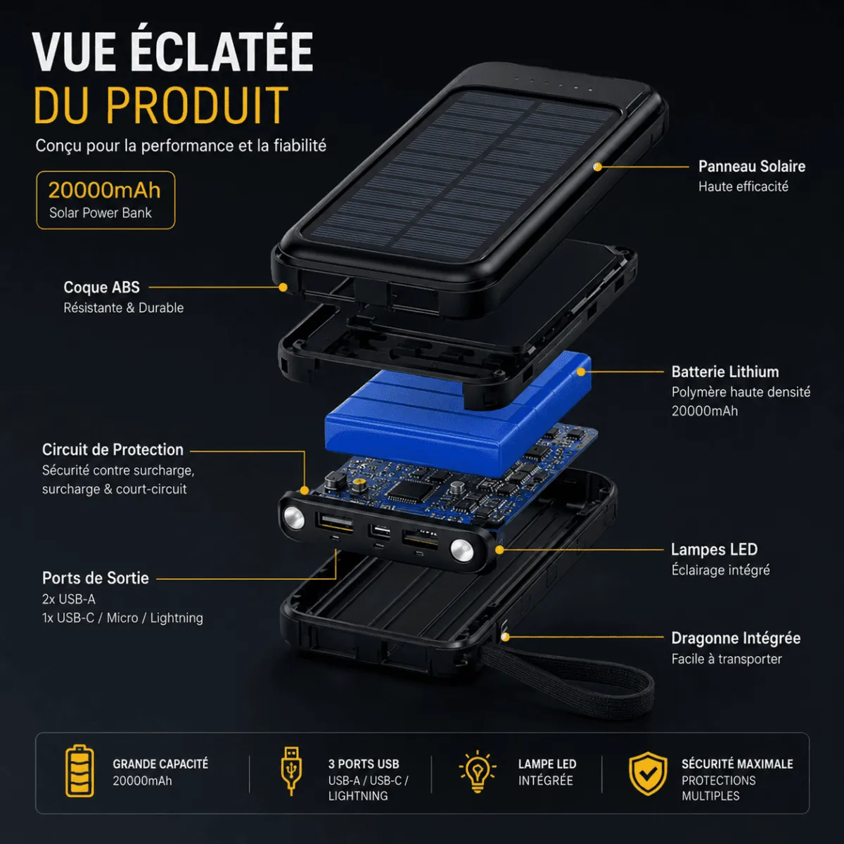 Power Bank Solaire 20000mAh Recharge Rapide USB – Image 2
