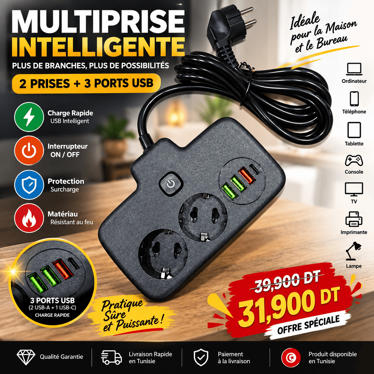 0AAC0A53-410F-4FEC-A934-C3DF6D4BFF2D Multiprise Électrique 2 Prises + 3 Ports USB – Interrupteur ON/OFF – Image 1